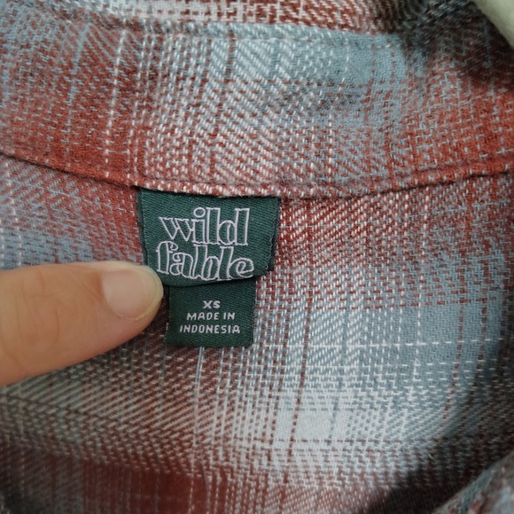 Wild Fable Flannel Shirt XS Oversized Brown Blue Plaid‎ Long Sleeve Button Up - Picture 4 of 9